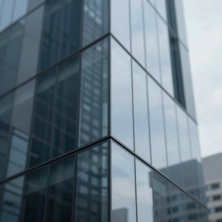 Modern architectural detail of a corporate building with sharp angles, reflecting #AAB7B8 and #2C3E50.