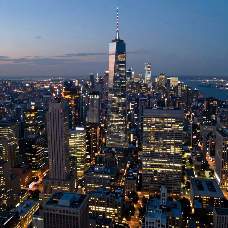 Aerial view of a city financial district at dusk with lights beginning to twinkle, representing vision and reach.