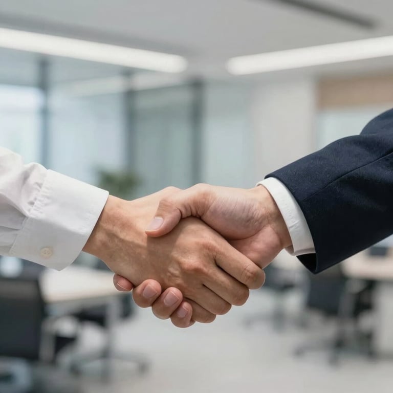 Professional handshake in front of a blurred modern office background, symbolizing trust and partnership.
