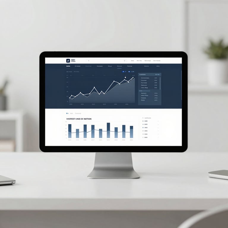 A clean, minimalist desk with a digital tablet showing financial growth charts in muted corporate colors.