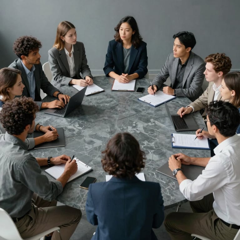 A diverse team in an International / Global studio having a brainstorming session, dressed in smart-casual attire, with cool slate grey accents.