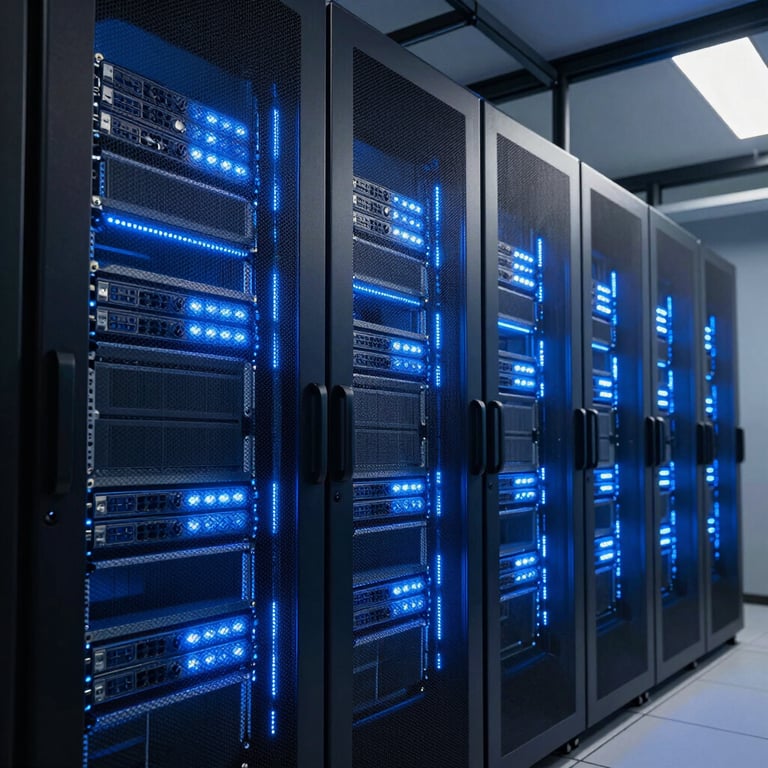 A sophisticated server room with glowing bright sky blue LED lights in an International / Global data center environment.