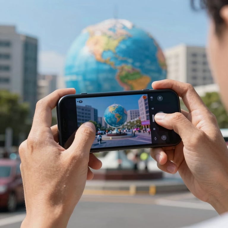 Close-up of hands playing a vibrant mobile game in an International / Global urban setting during bright sky blue daylight.