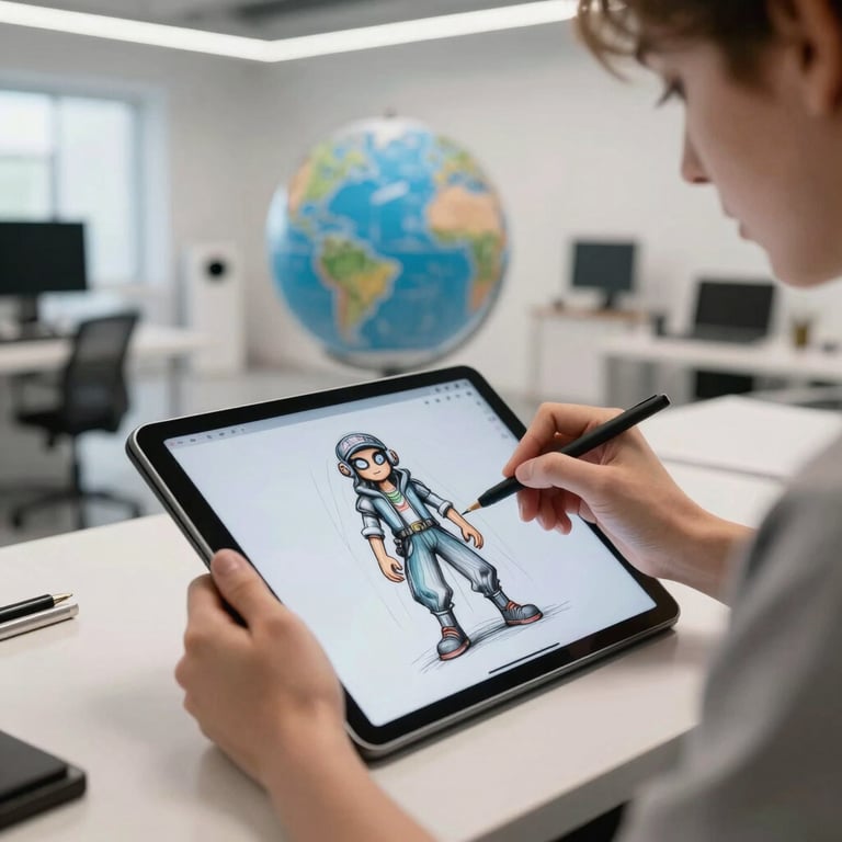 An artist using a digital tablet to sketch an innovative character in a bright, modern International / Global studio space.