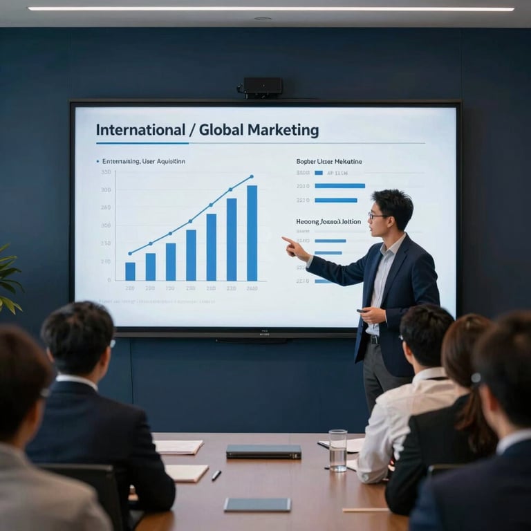 A professional International / Global marketing meeting discussing user acquisition data on a large screen in a deep charcoal blue room.