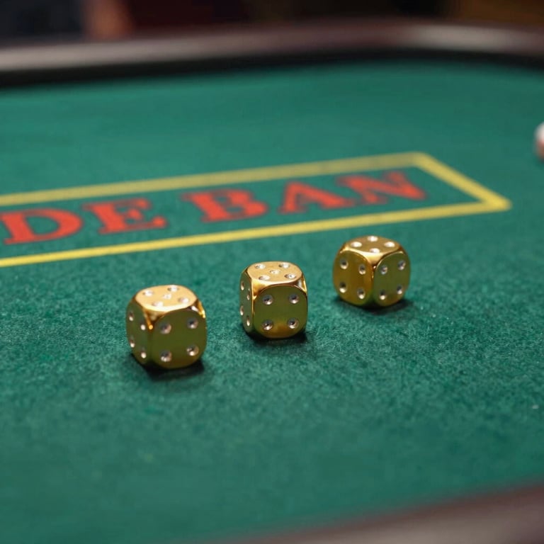 Golden dice rolling on a premium green casino table, soft cinematic lighting, trustworthy and engaging atmosphere.