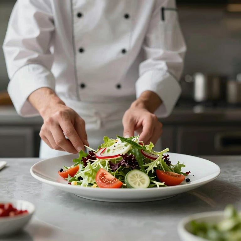 A chef in a minimalist kitchen plating a vibrant salad, soft focus background, incorporating Deep Ripe Crimson accents.