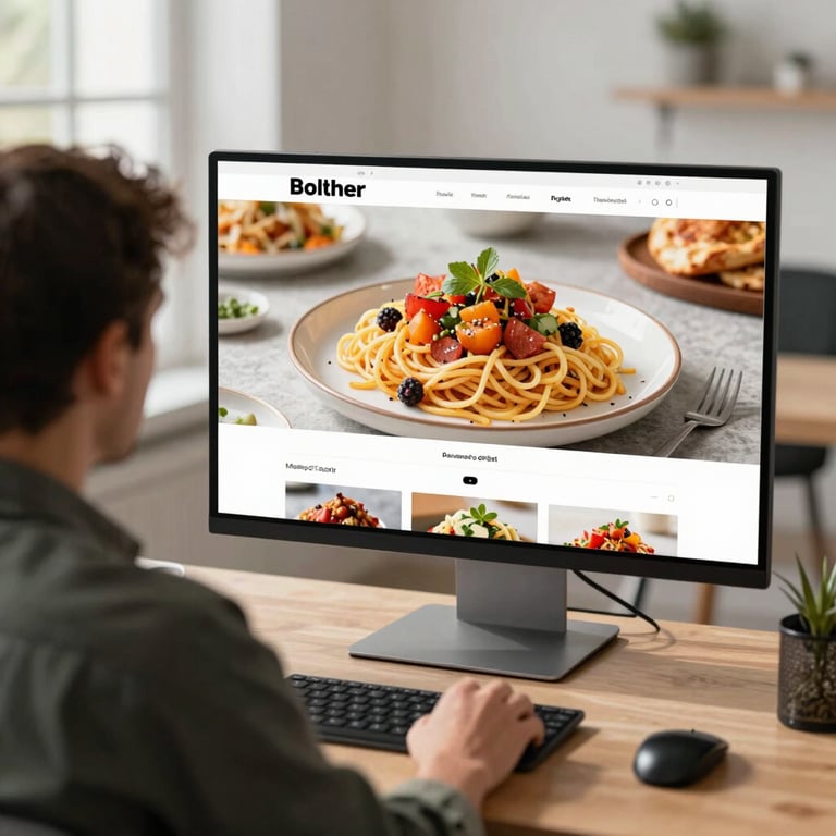 An agency creative director reviewing high-quality food photography on a large monitor in a sun-drenched studio.