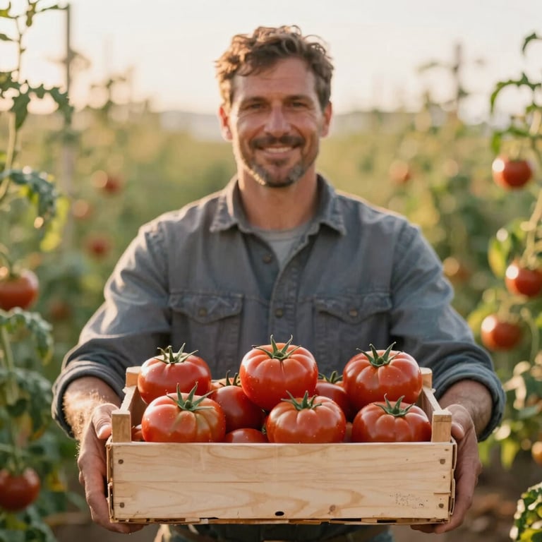 A local farmer proudly holding a crate of organic heirloom tomatoes, warm afternoon light, professional photography style.