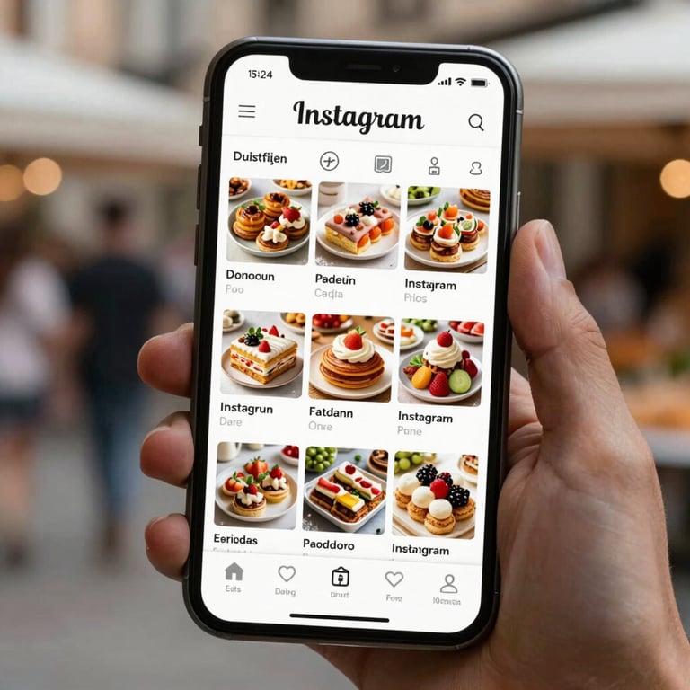 Close-up of a smartphone displaying a beautifully curated Instagram grid for a modern food market.