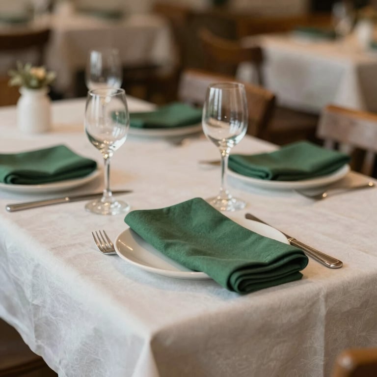 A rustic dining table at a Scandinavian restaurant set with parchment linens and forest green napkins.
