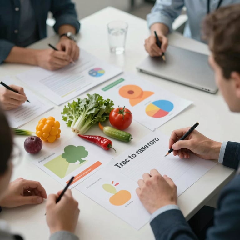 An overhead shot of an agency brainstorming meeting with mood boards and fresh ingredients scattered on a desk.