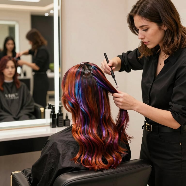 A client with beautifully styled hair, smiling confidently in the salon chair.