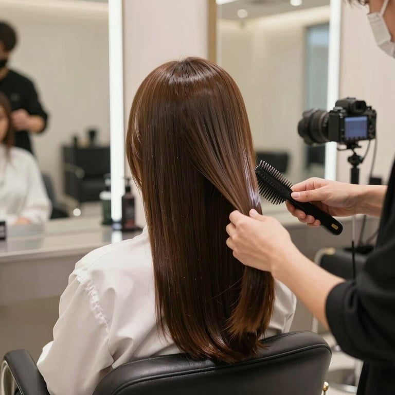 A client with beautifully styled hair, smiling confidently in the salon chair.