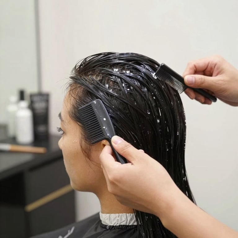 A client with beautifully styled hair, smiling confidently in the salon chair.