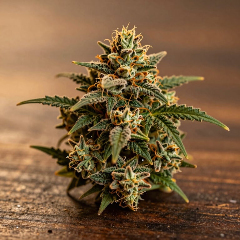 Macro close-up of a dense, trichome-rich cannabis flower resting on a natural dark walnut wood surface, warm golden hour light