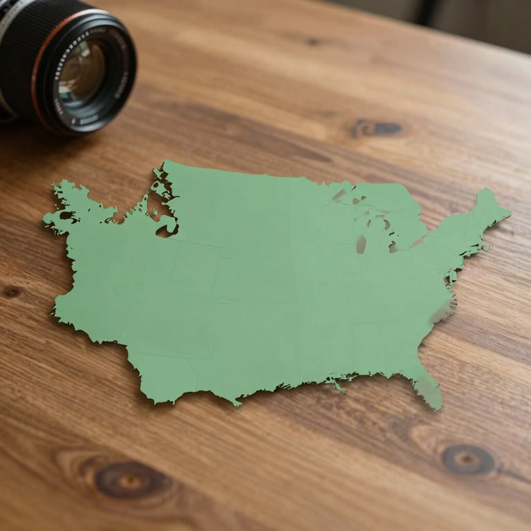 A clean, minimalist map graphic of Washington DC highlighted with a soft forest green overlay indicating delivery zones, resting on a warm wooden tabletop.