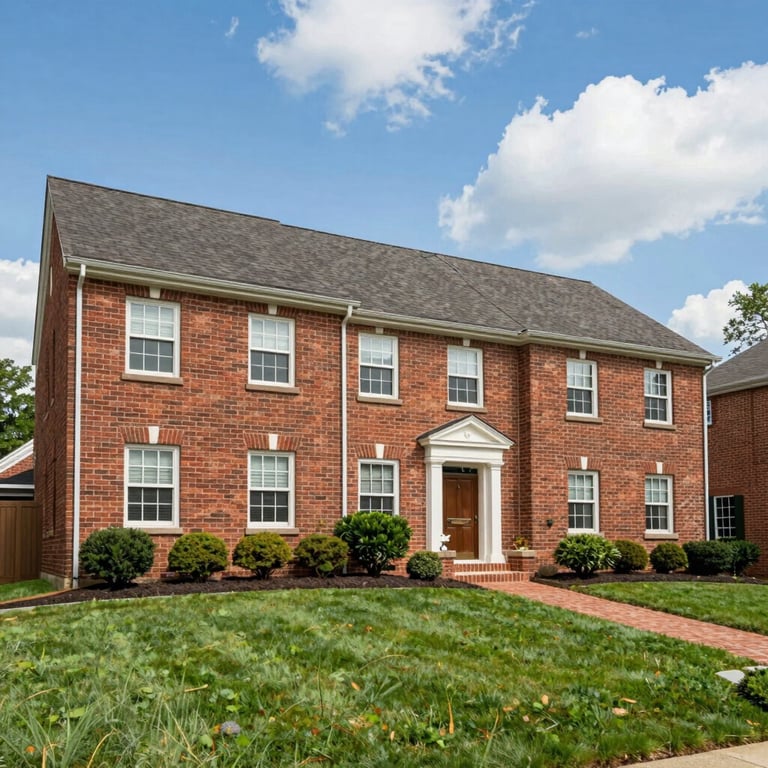 Exterior of a well-maintained brick townhouse in Maryland with a manicured front lawn under a bright blue sky, North American / US style architecture.