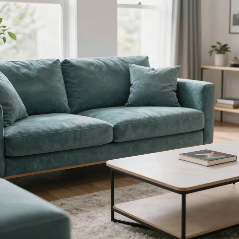 A bright and airy living room with plush seating in muted teal and a clean, modern coffee table, showcasing a comfortable community space.