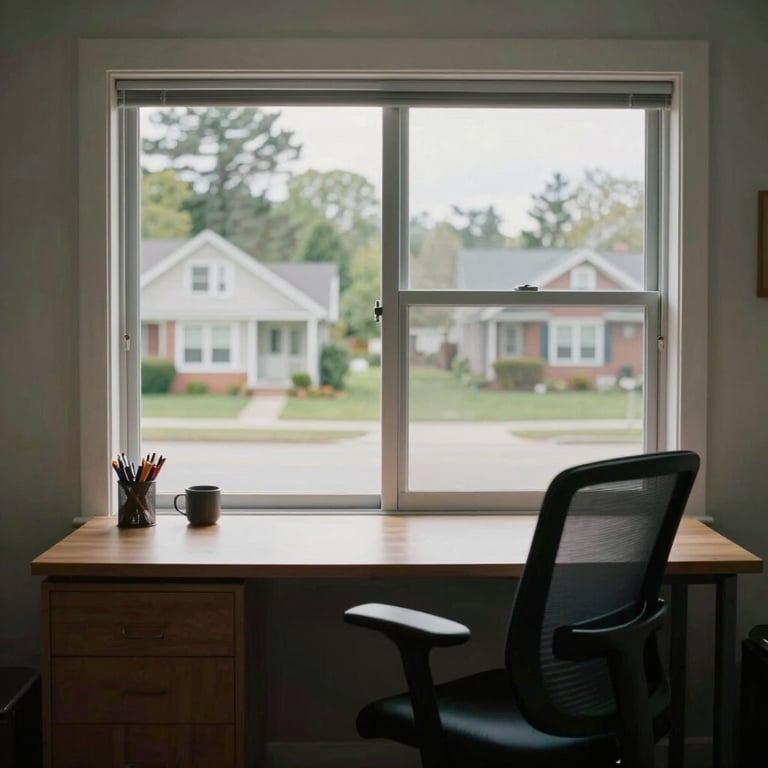 A quiet study nook in a private room featuring a desk, ergonomic chair, and a view of a peaceful North American / US neighborhood through the window.