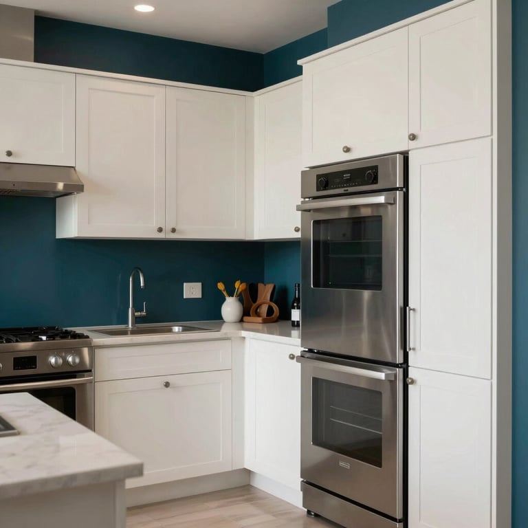 Interior of a modern kitchen with off-white cabinetry, stainless steel appliances, and deep dark teal accents on the walls, bright and clean.