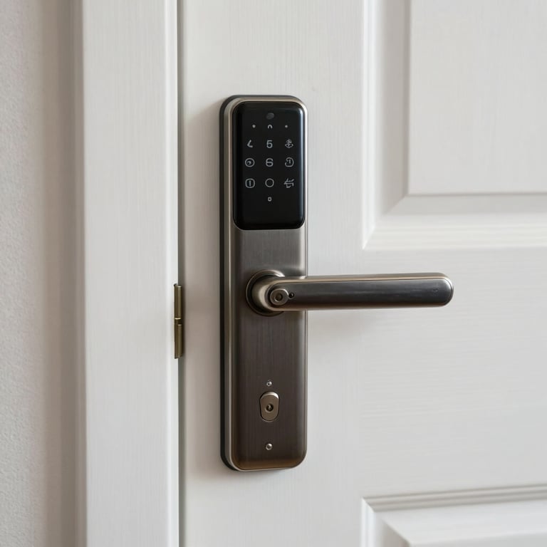 Close-up of a secure electronic door lock on a solid white door, symbolizing safety and modern technology in a residential setting.