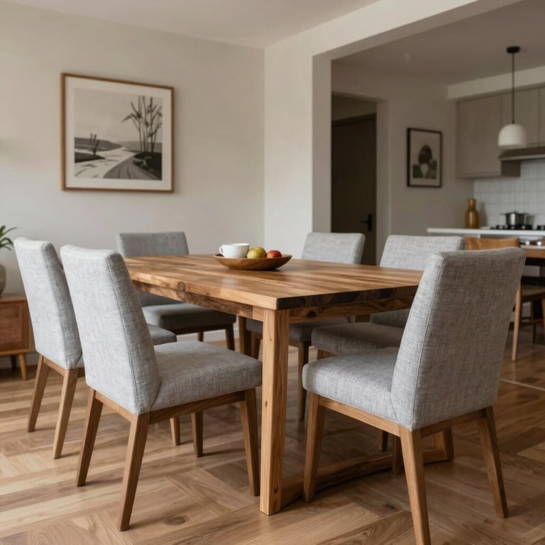 A spacious shared dining area with a contemporary wooden table and chairs, decorated with light grey textiles in a warm, welcoming home.