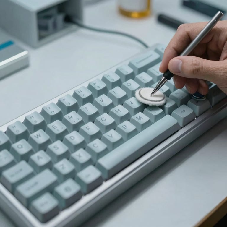 A close-up of a professional cleaning process for a mechanical keyboard in a light blue and grey workshop, European setting.