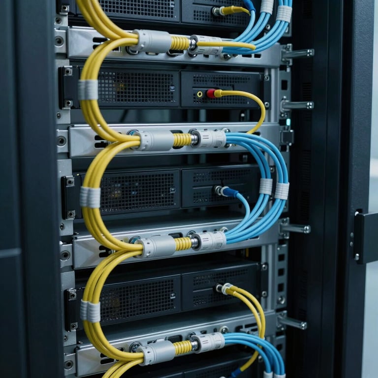 Internal view of a server rack being maintained with precision cabling, emphasizing order and efficiency, cool lighting.
