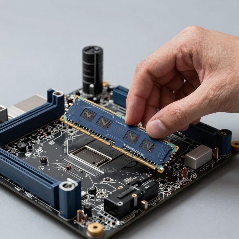 A technician's hands installing a new high-speed RAM module into a motherboard, clean lighting, navy and slate grey palette.