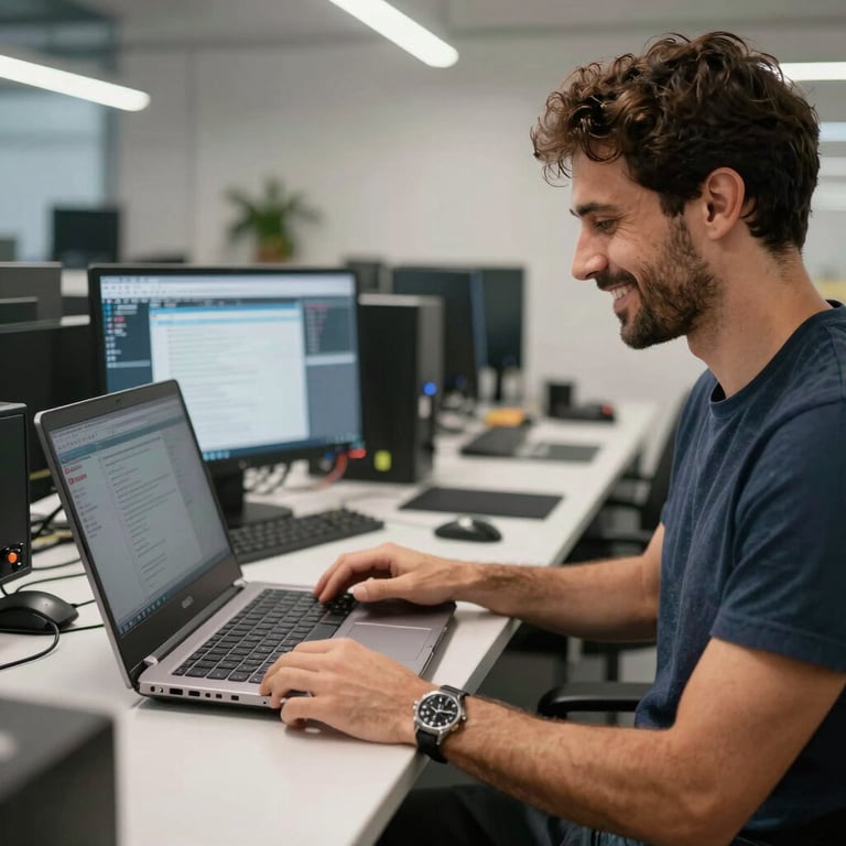 A satisfied client in a tech service center in Portugal receiving a perfectly repaired laptop from a professional technician.