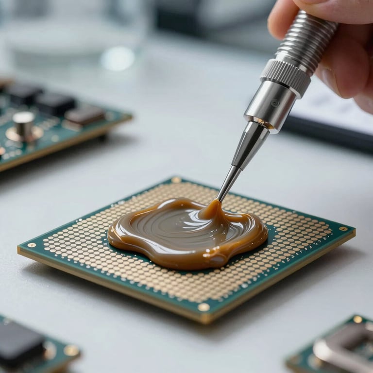 Detail of thermal paste application on a processor with professional tools, blurred background of a modern lab.