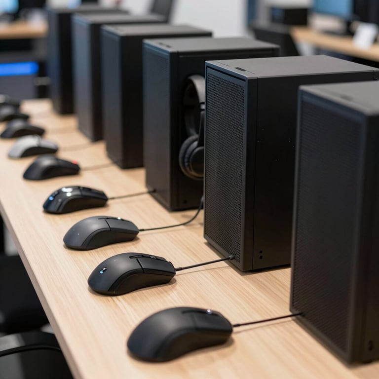 A collection of neatly arranged computer peripherals like mice and headsets on a workbench, professional Portuguese tech store style.