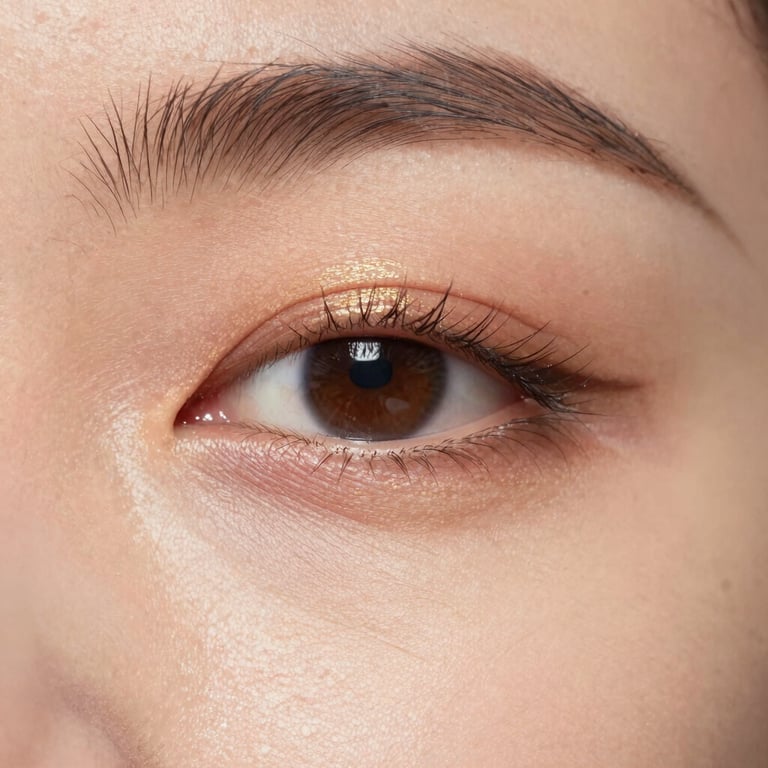 Macro close-up, soft diffused morning light. A detailed view of luminous, hydrated skin texture showing real pores, with a subtle touch of gold shimmer on the eyelid and clean, defined lashes.