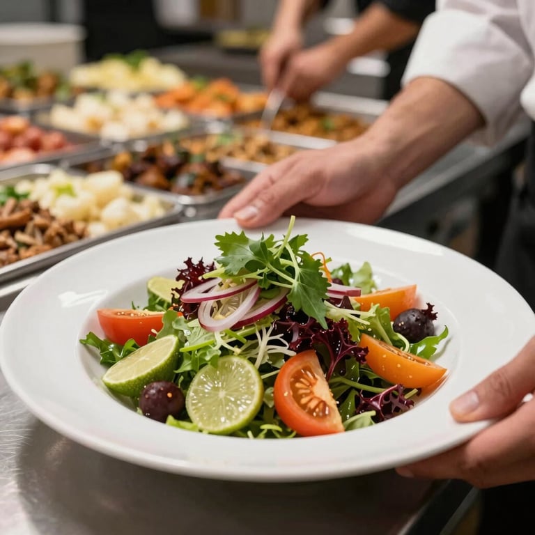 Close-up of a chef plating a colorful seasonal salad in a modern, high-end food market.