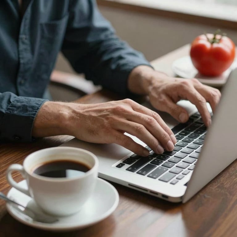 Hands of an expert content manager working on a laptop next to a cup of coffee and a fresh tomato garnish.