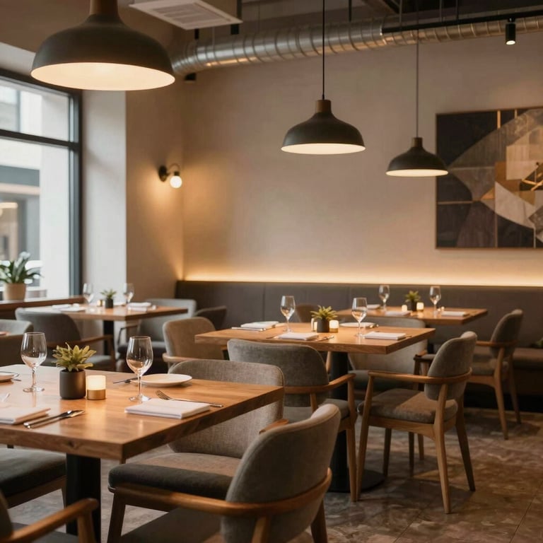 A stylish North American / Western European restaurant interior with cozy scandinavian furniture and warm, sophisticated lighting.