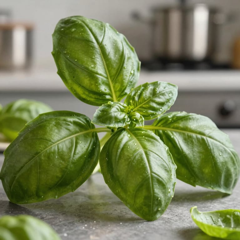 A macro shot of fresh, green basil leaves in an artisanal kitchen setting, North American / Western European style.