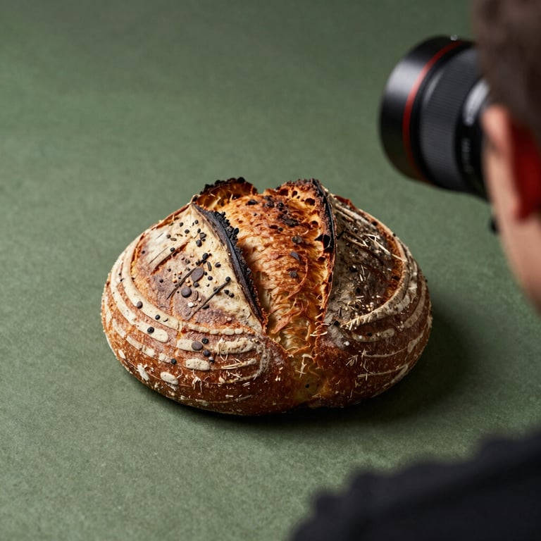 A behind-the-scenes shot of a professional photo session featuring a rustic sourdough loaf on a matte forest green backdrop.