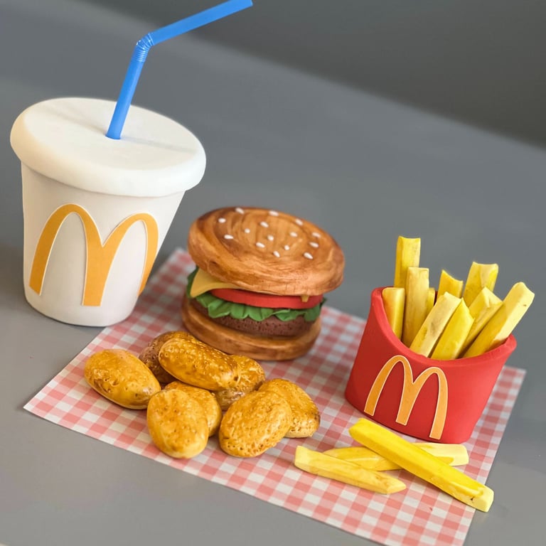 Fondant topper showing burger, nuggets, fries and drink