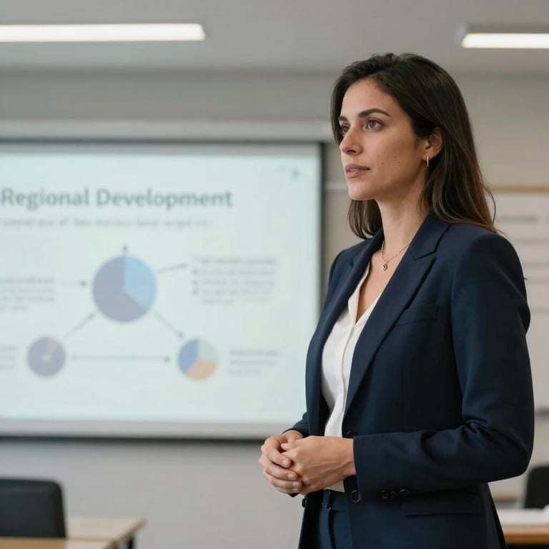 A South American / Colombian professional woman presenting a project for regional development in a clean, modern hall, wearing a dark navy blue blazer.