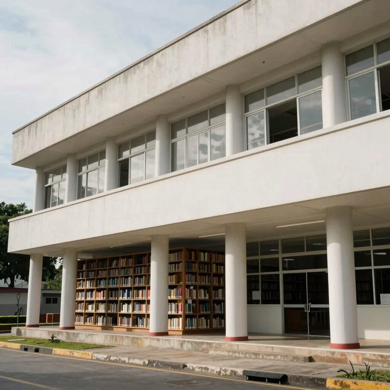 The modern architecture of a public library in Barranquilla, representing South American / Colombian progress and education.