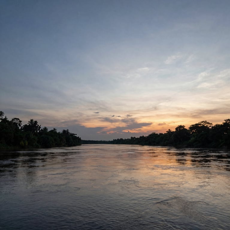 A serene landscape of the Magdalena river at sunset, reflecting the dusty steel blue of the sky in the Atlántico region.