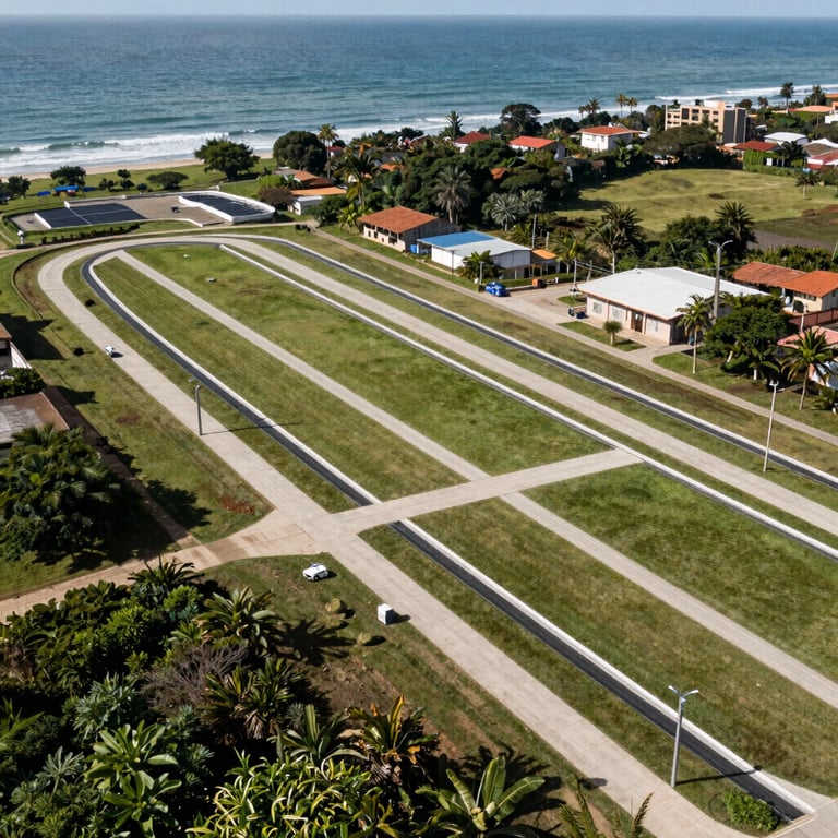 An aerial view of a sustainable infrastructure project in a South American / Colombian coastal area, showcasing clean lines and green spaces.
