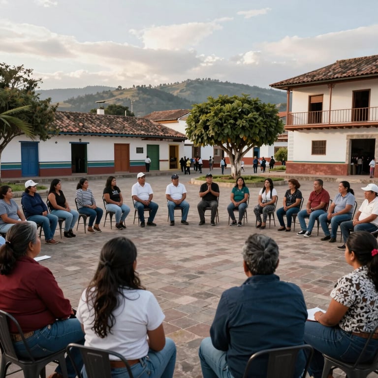 A wide shot of a peaceful community assembly in a South American / Colombian town square, with citizens listening intently to a speaker. Soft morning light.
