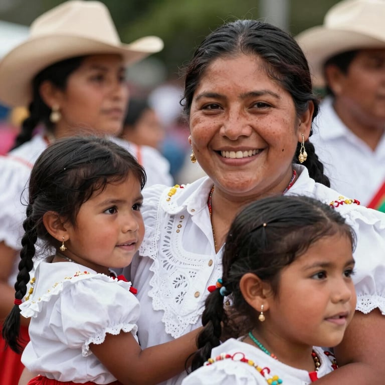 Close-up of a smiling South American / Colombian family participating in a local cultural event, captured in natural, vibrant light.