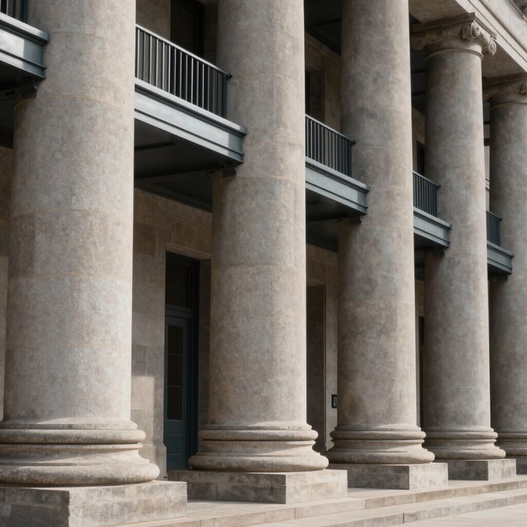 Architectural detail of classic stone pillars and clean steel lines of a modern Delaware courthouse, soft directional daylight, high-contrast shadows.