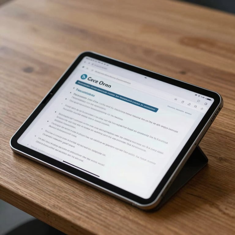 A digital tablet displaying educational content for public service exams, placed on a modern wooden table.