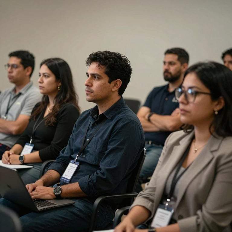 A group of focused professionals attending a training seminar in Medellin, South American / Colombian setting.