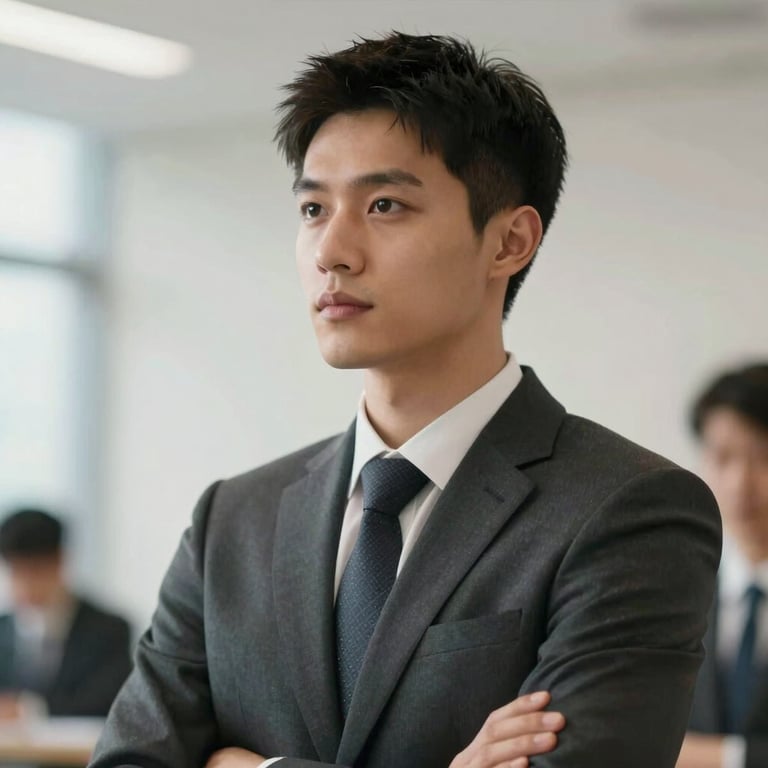 A celebratory moment of a young professional in business attire, looking confident and ready for a new career.